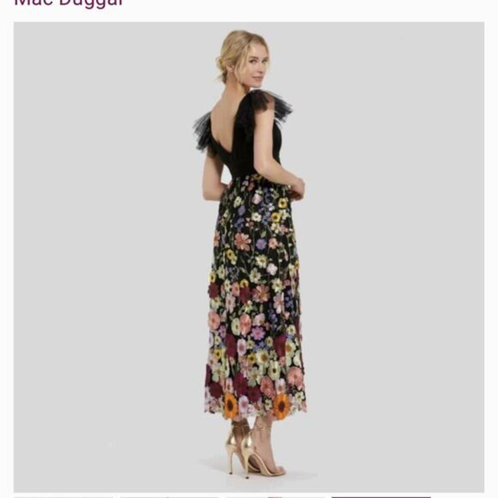 Mac Duggal Black Floral Embroidered Tulle Midi Dress Wedding Guest Prom Size 2
